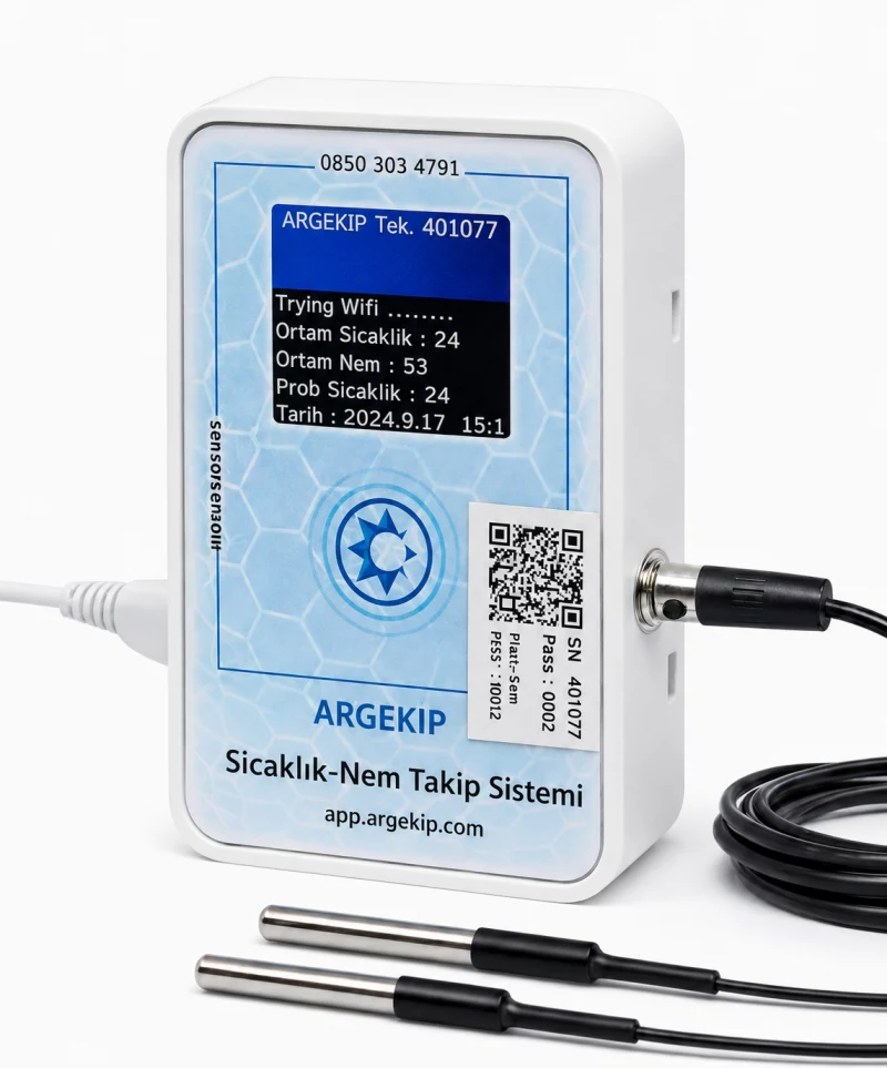 Argekip Gıda Çift Prop Wi-Fi LCD Ekranlı Sıcaklık Nem Takip Cihazı | 5x5 Metre Sensör