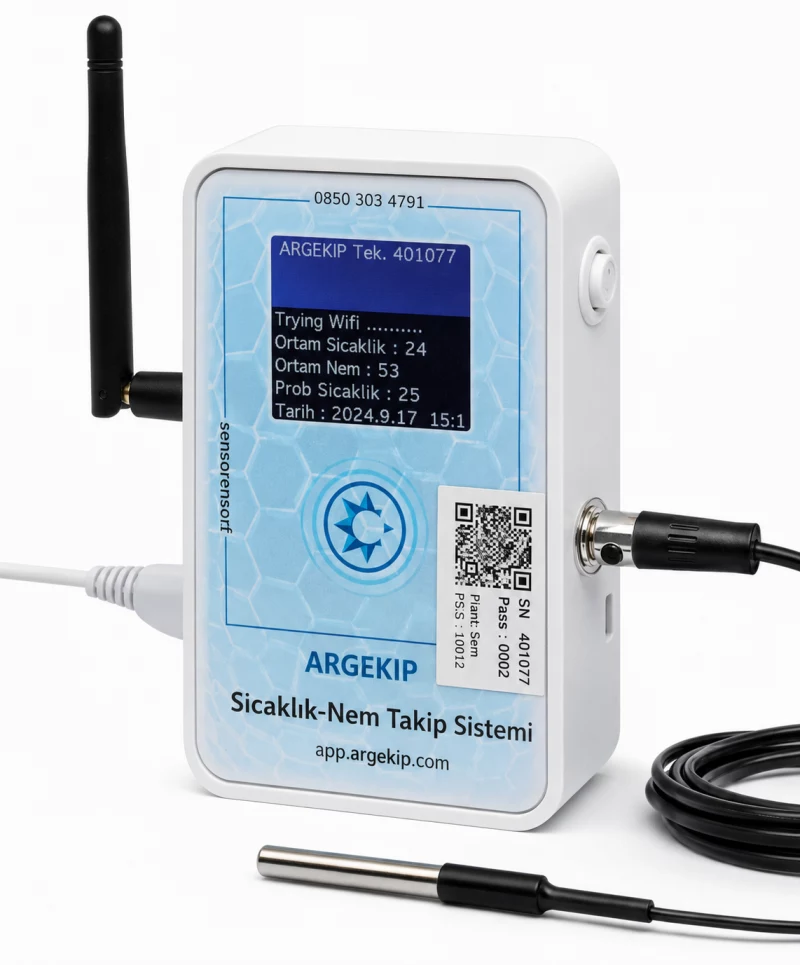 Argekip Gıda GPRS LCD Ekranlı Sıcaklık Nem Takip Cihazı | Bataryalı | Alarm Özellikli