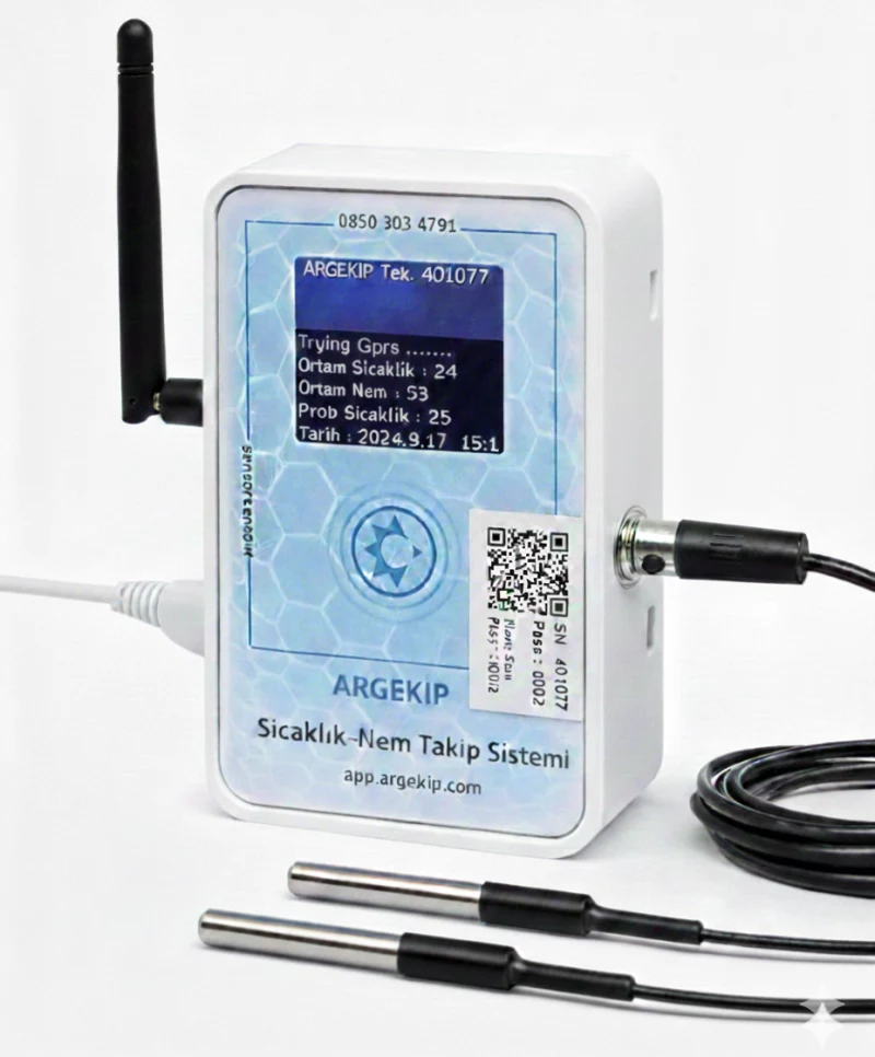 Argekip Hastane Çift Prob GPRS LCD Ekranlı Sıcaklık & Nem Takip Cihazı | 2x2 Metre Sensör| Bataryalı