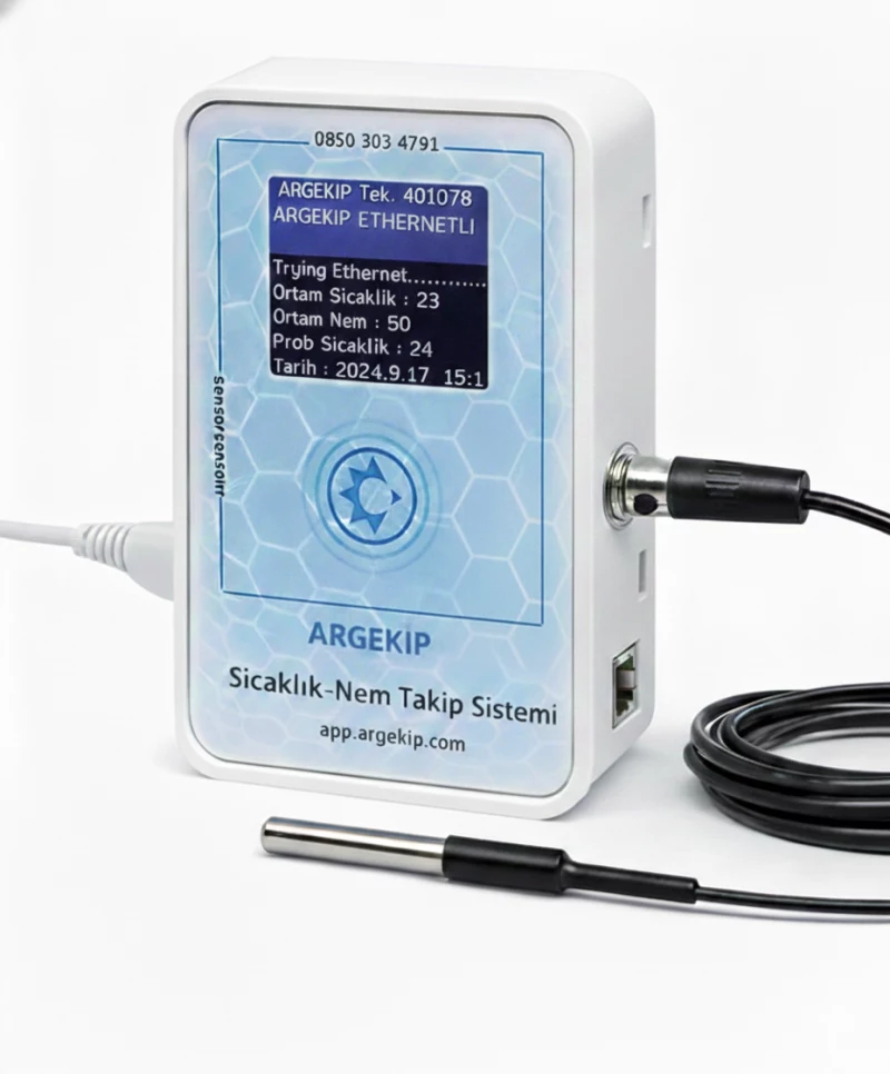 Argekip Hastane Tek Prob Ethernet LCD Ekranlı Sıcaklık & Nem Takip Cihazı | 2 Metre Sensör | Bataryalı