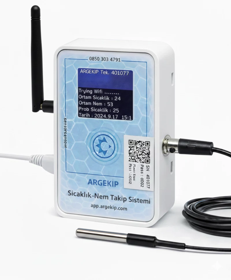 Argekip  Soğuk Hava GPRS LCD Ekranlı Sıcaklık Nem Takip Cihazı |  Bataryalı | Alarm Özellikli