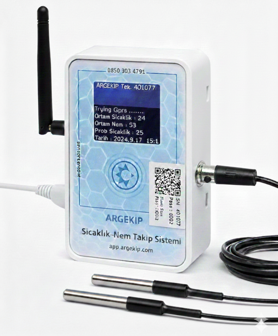 Argekip Hastane Çift Prob GPRS LCD Ekranlı Sıcaklık & Nem Takip Cihazı | 2x2 Metre Sensör| Bataryalı