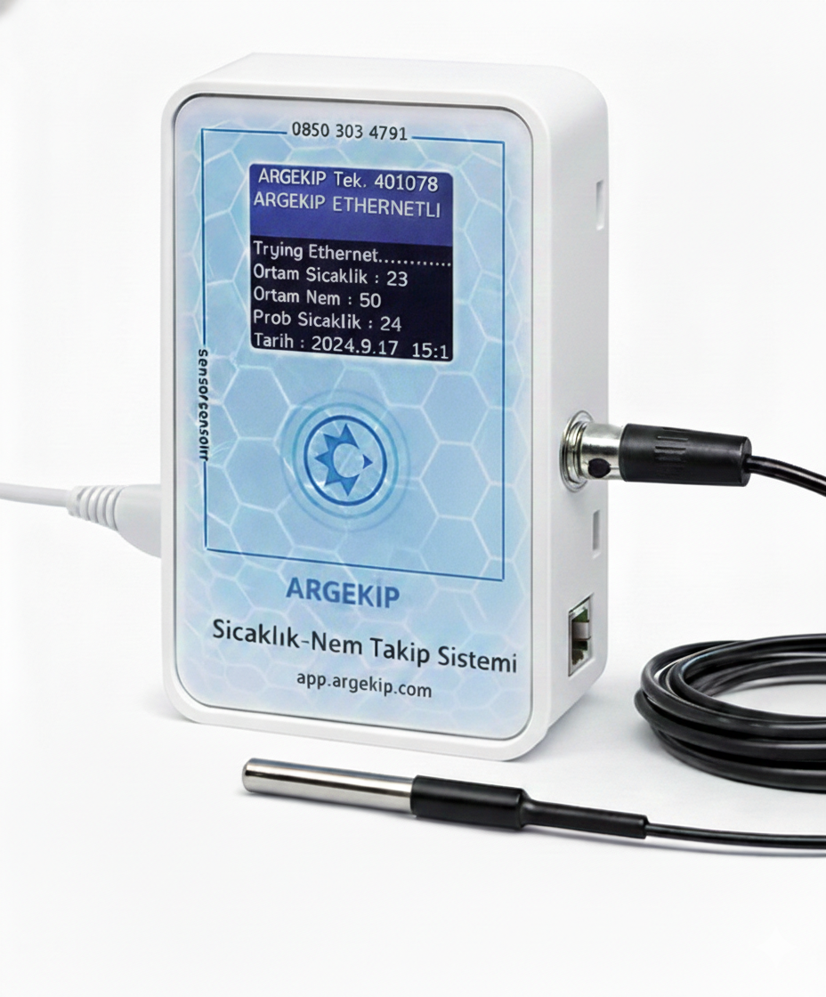 Argekip Hastane Tek Prob Ethernet LCD Ekranlı Sıcaklık & Nem Takip Cihazı | 2 Metre Sensör | Bataryalı